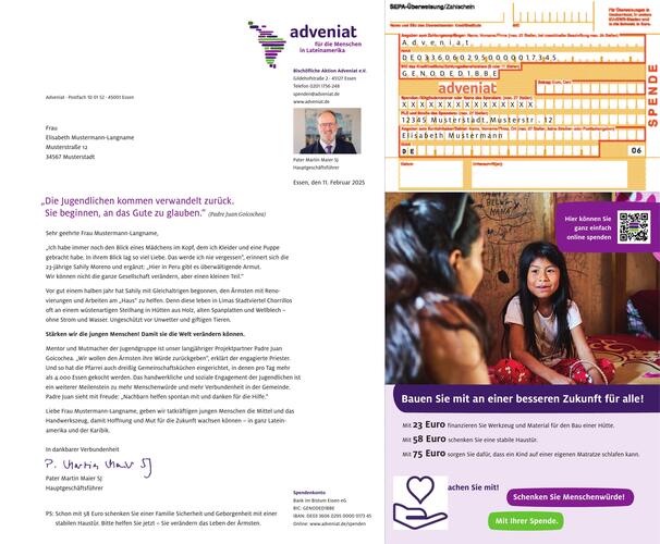 Anschreiben des Adveniat-Mailings zu Lichtmess 2025 mit anhängendem Zahlschein