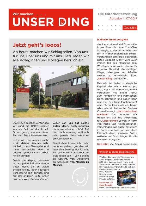 Titelseite der CoorsTek-Mitarbeiterzeitung „Unser Ding“, Ausgabe 1 aus 2017