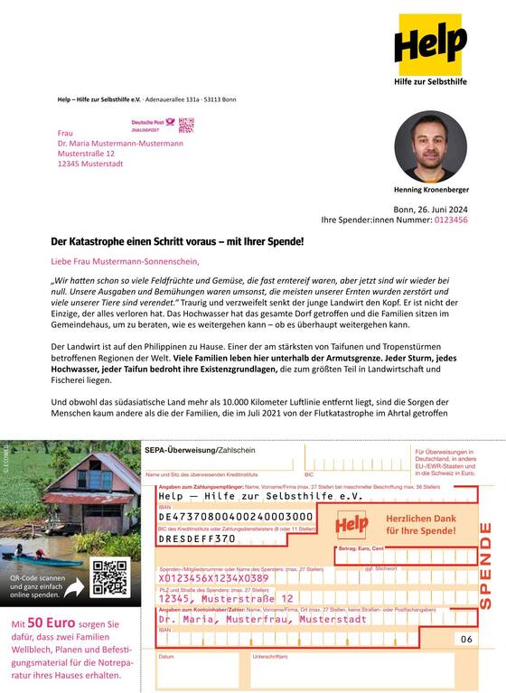 Spendenbrief für Help e. V. aus dem Mailingpaket 2024, mit Zahlschein