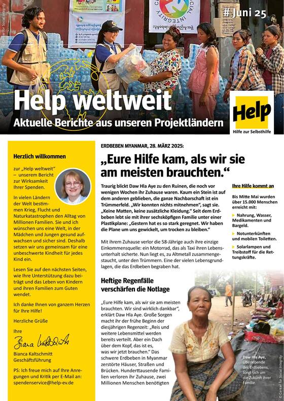 Titelseite der Spenderzeitung „Help weltweit“, Ausgabe Juni 2025
