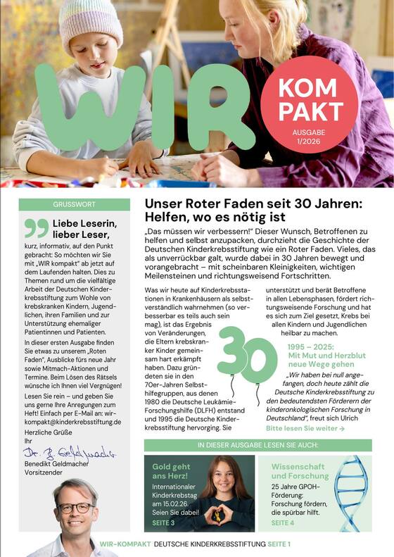 Titelseite von „WIR kompakt“, Ausgabe 1/2026 der Deutschen Kinderkrebsstiftung